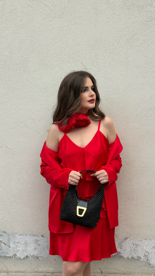 Abito in raso con balze con fusciacca rosso Blugirl