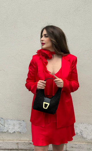 Abito in raso con balze con fusciacca rosso Blugirl