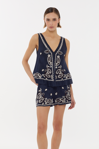 Top con disegni in lino blu Parosh