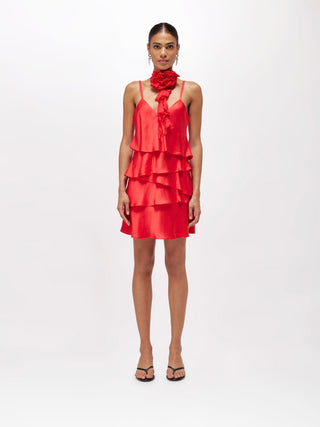 Abito in raso con balze con fusciacca rosso Blugirl